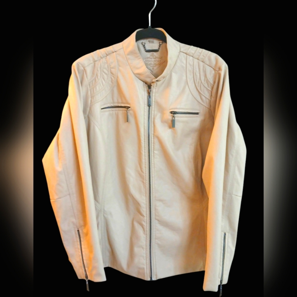 Jou Jou Women's Beige Vegan Leather Fitted Moto Jacket Coat- Size 2XL EUC